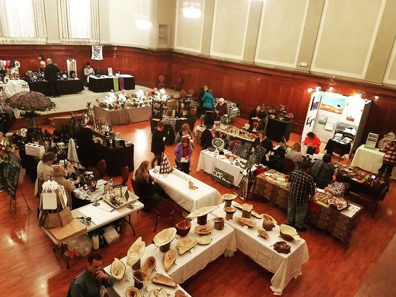 The Corinthian Event Center grand ballroom banquet room setup for a corporate event, view from mezzanine.