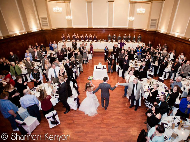 The Corinthian Event Center grand ballroom wedding reception, mezzanine view.