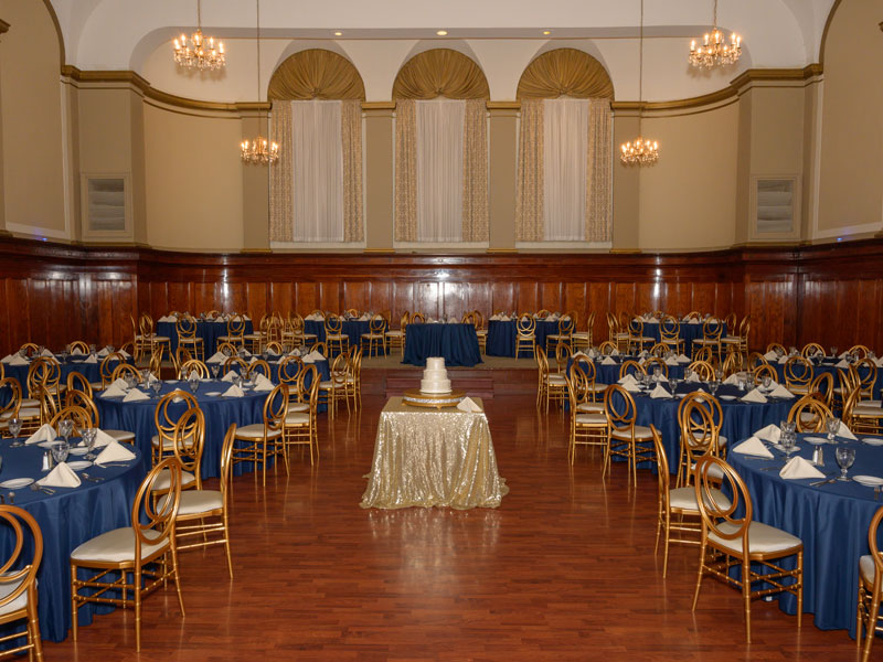 The Corinthian Event Center grand ballroom setup for a wedding reception, ballroom view.