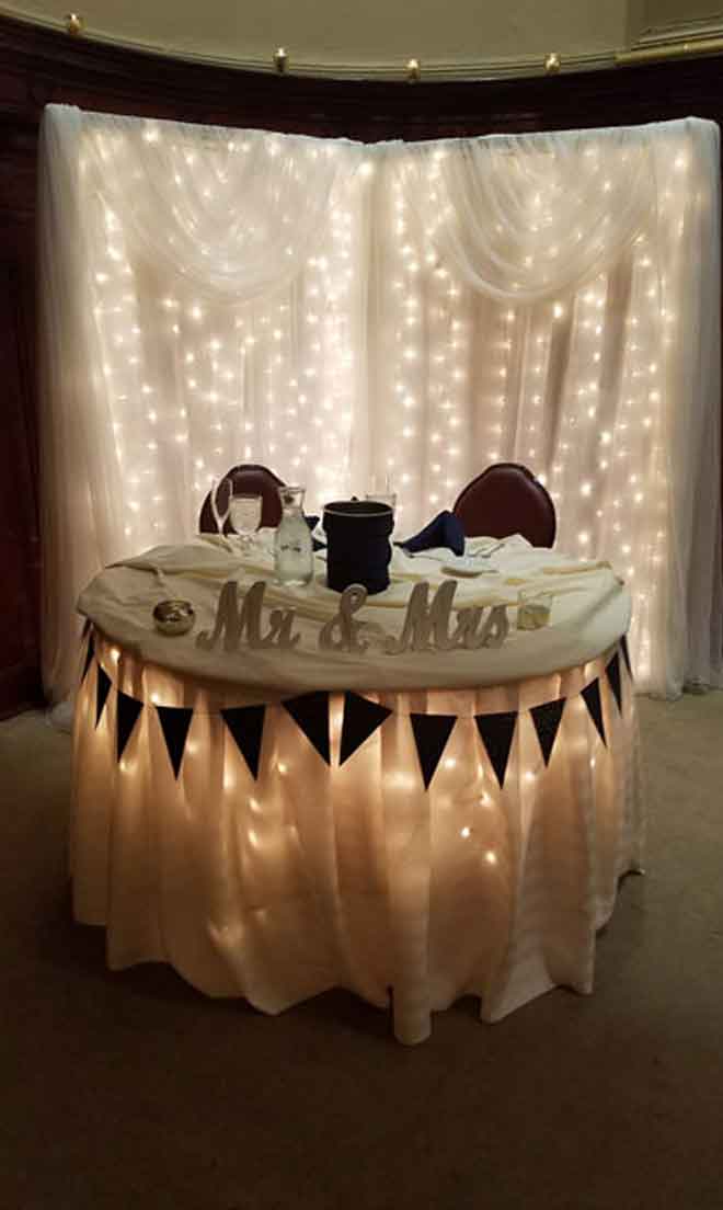 Bride and groom table place setting with lighting at The Corinthian Event Center.