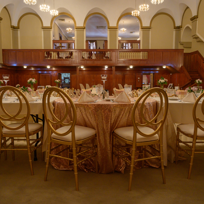 View of grand ballroom from head table at The Corinthinan Events Center.