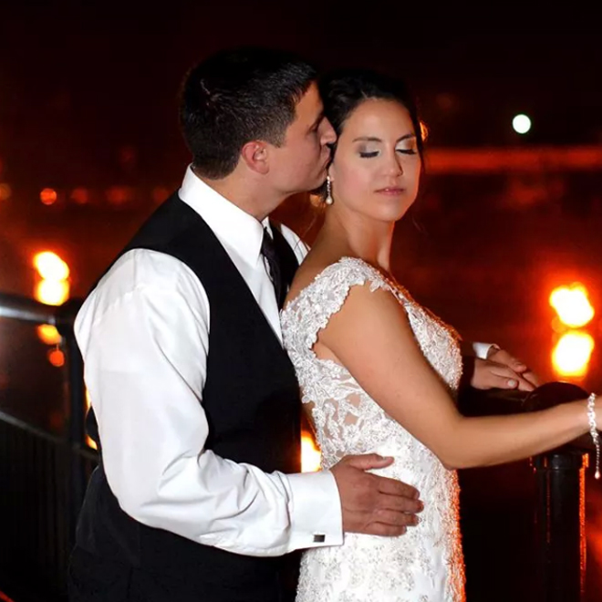 Bride and groom at the Shenango river near The Corinthinan Events Center.