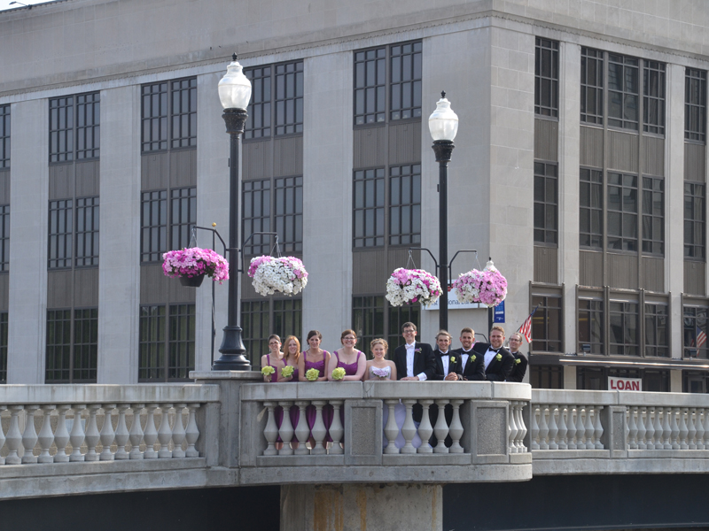 Bridal party in downtown Sharon PA after their wedding at The Corinthian Event Center.