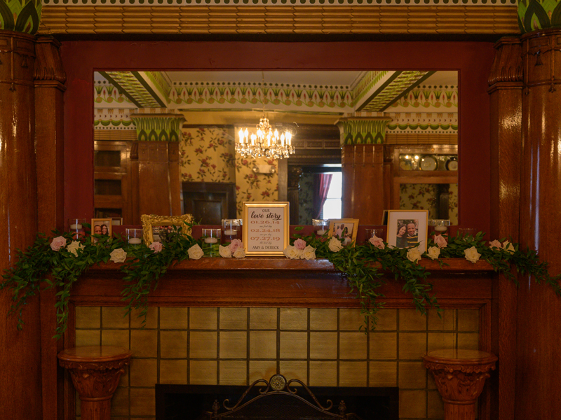 Mantel of fireplace in firplace room on second floor of The Corinthian Event Center.